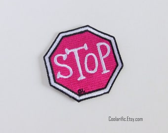 Pink Stop Sign Sticker Patch: Embroidered Applique (2x2 inches)