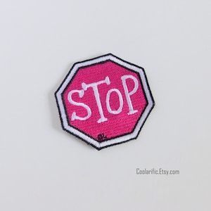 Stop sign Sticker Patch | Street sign Sticker | Pink Embroidered Applique | DIY Craft Supply | Embroidered Decorative Emblem | Gift idea
