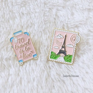Travel enamel pin | Pink suitcase pink | Eiffel Tower Travel Stamp Pin | Gift for Traveler | Trendy Travel Accessories Cute Traveling Pins