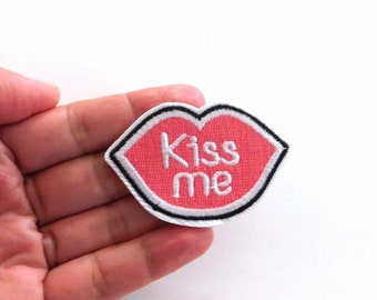 Kiss Me sticker Patch | Pink Lips Patch | Cute Gift Stocking Stuffer | Decoration Backpack Pouch Laptop Shoes Denim Jacket | No sew Patch