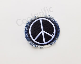 Peace Sign Sticker Patch on frayed denim | Embroidery applique Patch for DIY Accessories | Black & White Round Circle Peace sign Patch |