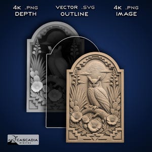 May include: A digital relief design featuring an owl perched on a branch, surrounded by desert flora including cacti and flowers under a full moon. The image includes text labels for 4K .PNG DEPTH, VECTOR .SVG OUTLINE, and 4K .PNG IMAGE.