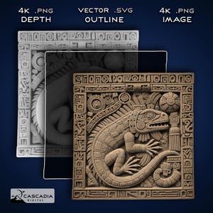 May include: A detailed stone carving of a lizard with intricate patterns and symbols. The carving is framed by a border of geometric designs.