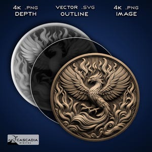Phoenix Round - Lasergravur 4K PNG Bild, Tiefenkarte, Exact-Outline Cut File, 3D Illusion - Mythische Tiervogel-Untersetzermünze 1255