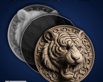 Tiger Head Round - Laser Engrave 4K PNG Image, Depth Map, Exact-Outline Cut File, 3D Illusion -  Animal wildlife nature coin coaster 1419