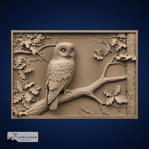 May include: A rectangular wall plaque featuring a detailed relief carving of an owl perched on an oak tree branch. The design includes textured oak leaves and a tree trunk on the right side, all rendered in a solid light brown monochromatic tone.