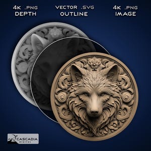 Wolfskopf Rund - Lasergravur 4K PNG Bild, tiefen Karte, Exact-Outline Cut File, 3D Illusion - Tiere Tier Natur Hund Fuchs Münze 1598