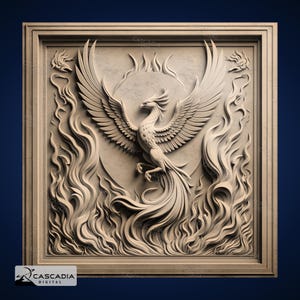 Sol llameante de Fénix - Imagen PNG 4K grabada con láser, mapa de profundidad, ilusión 3D de pizarra de madera - Llamas de fuego de pájaro animal mítico 1331