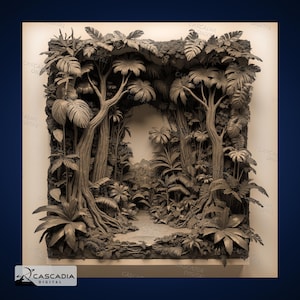 Selva tropical - Imagen PNG 4K grabada con láser, mapa de profundidad, ilusión 3D de pizarra de madera - diorama detallado ilusión naturaleza jungla 1709