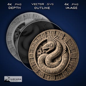 May include: A detailed 3D model of a circular stone relief with a stylized serpent design. The serpent is coiled around a central circle and has a feathered headdress. The relief is surrounded by a border of geometric patterns.