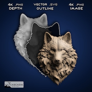 Puede incluir: Un modelo 3D detallado de la cabeza de un lobo, renderizado en un estilo realista. El modelo se muestra en tres etapas: un mapa de profundidad, un contorno vectorial y una imagen final 4K. El pelaje del lobo está texturizado y detallado, y sus ojos son penetrantes.