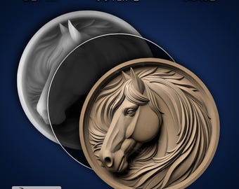 Cabeça de cavalo redonda - Imagem PNG 4K gravada a laser, mapa de profundidade, arquivo de corte de contorno exato, ilusão 3D - Animal vida selvagem natureza garanhão cowboy 1568