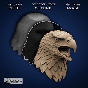 Cabeza de águila - Imagen PNG 4K grabada con láser, mapa de profundidad, archivo de corte de contorno exacto, ilusión 3D - Fauna silvestre, halcón, ave, patriótico, 1940
