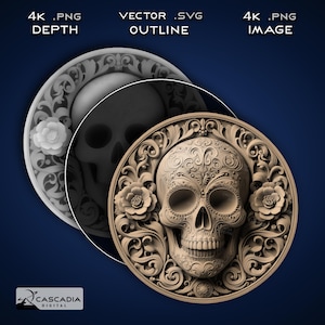 Calavera Skull Flowers Round - Image PNG 4K gravée au laser, carte de la profondeur, fichier de coupe avec le contour exact, illusion 3D - pièce d'Halloween 1376 Dia Muertos