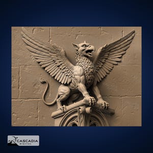 May include: A tan-colored griffin sculpture with large, spread wings, a sharp beak, and a muscular feline body. The creature is perched atop a decorative stone pedestal against a background of textured stone blocks with the text Cascadia Digital.
