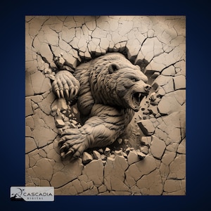 Bär bricht durch Rock - Laser Gravur 4K PNG Bild, Tiefenkarte, Holz Schiefer 3D Illusion - Tierstärke Raubtier 1519