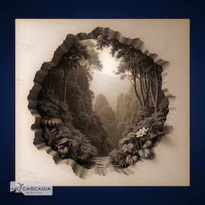 May include: Sepia-toned artwork depicting a lush forest scene viewed through a torn paper effect. The image showcases a detailed landscape with trees, foliage, and a river, creating a layered, three-dimensional appearance. The artwork is framed by a torn paper border.