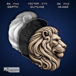 Puede incluir: Una ilustración detallada y estilizada de una cabeza de león con líneas intrincadas y fluidas y un efecto texturizado en 3D. La melena del león se representa en un patrón en capas y en espiral, creando una sensación de profundidad y movimiento. La imagen se coloca sobre un fondo azul oscuro.