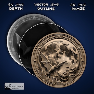 Murciélago Luna Redonda - Imagen PNG 4K grabada con láser, mapa de profundidad, archivo de corte de contorno exacto, ilusión 3D - Moneda de Halloween de animales salvajes y naturaleza 1518