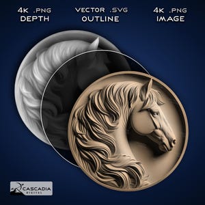 Paardenkop rond - lasergraveren 4K png-afbeelding, dieptekaart, exact-omtrek gesneden bestand, 3D-illusie - wilde dieren natuur hengst cowboy 1567