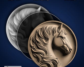 Cabeça de cavalo redonda - Imagem PNG 4K gravada a laser, mapa de profundidade, arquivo de corte de contorno exato, ilusão 3D - Animal vida selvagem natureza garanhão cowboy 1567