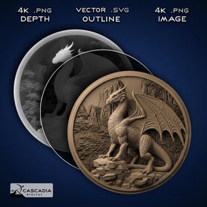 May include: A 3D model of a dragon with wings spread, perched on a rocky outcropping. The dragon is brown and has a textured surface. The background is a mountainous landscape with trees. The image is labeled "4K .PNG IMAGE" at the top.