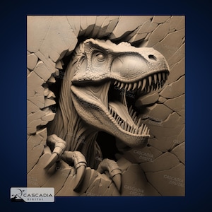 Puede incluir: Un modelo impreso en 3D de una cabeza de dinosaurio Tyrannosaurus Rex rompiendo una pared agrietada. La boca del dinosaurio está abierta, revelando dientes afilados y una lengua larga. El modelo está hecho de un material marrón claro y tiene una textura realista.