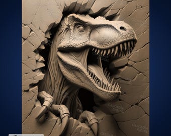 Raptor Head Breaking Through - Laser Engrave 4K PNG Image, Depth Map, Wood Slate 3D Illusion -  Dino dinosaur velociraptor jurassic 1272