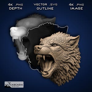 Puede incluir: Representación 3D detallada de una cabeza de lobo gruñendo, mostrando su boca abierta y sus afilados dientes. La imagen incluye variaciones de profundidad, contorno e imagen, con texto que dice "4K .PNG DEPTH", "VECTOR .SVG OUTLINE" y "4K .PNG IMAGE". El logotipo de Cascadia Digital es visible.