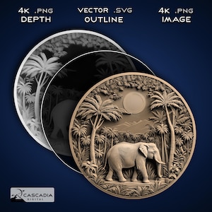 Elefante redondo: imagen PNG 4K grabada con láser, mapa de profundidad, archivo de corte de contorno exacto, ilusión 3D: posavasos con monedas de animales, vida salvaje, naturaleza 1741