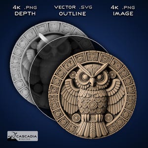 Búho Azteca Redondos - Imagen PNG 4K grabada con láser, mapa de profundidad, archivo de corte de contorno exacto, ilusión 3D - Moneda maya de México y Brasil, posavasos, pájaro, 1869