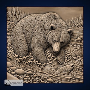 May include: A detailed relief carving depicts a grizzly bear in a river, with a fish in its mouth. The bear is brown, with textured fur, and the water features flowing waves. Trees and rocks complete the natural scene.