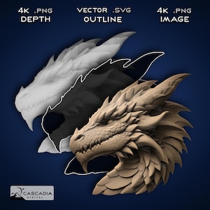 Drachenkopf - Laser gravieren 4K PNG Bild, Karte, Exact-Outline Cut File, 3D Illusion - Drachen Feuer Tier Dinosaurier Jura 1248