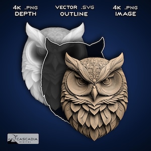 Eule - Lasergravur 4K PNG Bild, Tiefenkarte, Exact-Outline Cut File, 3D Illusion - Tier Wildlife Natur nachtaktiver Vogel 1307