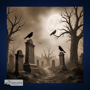 Haunted Graveyard Halloween - Laser Engrave 4K PNG Image, Wood Slate 3D Illusion, Laser Burn -  spooky decor 1634