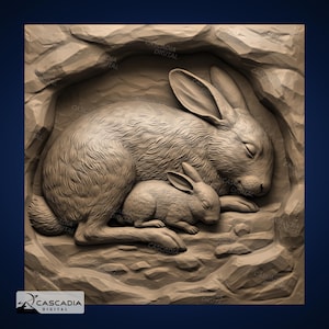 Kaninchen und schlafendes Baby - Lasergravur 4K PNG Bild, Tiefenkarte, Holz Schiefer 3D Illusion - Nest den Wildtier Muttertag 2022