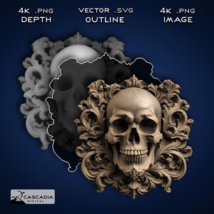 Schädel - Laser gravieren 4K PNG Bild, Tiefenkarte, exakte Umrissschnittdatei, 3D Illusion - Halloween Skelett gothic Death 1561