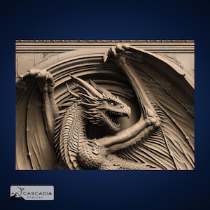 May include: A detailed 3D relief sculpture of a dragon with wings outstretched, set against a circular background with intricate patterns. The dragon is sculpted in a realistic style with scales and claws.