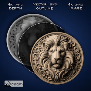 Testa di leone rotonda - Immagine PNG 4K incisa al laser, mappa di profondità, file di taglio con contorni esatti, illusione 3D - Sottobicchiere con monete di animali selvatici e natura 1416