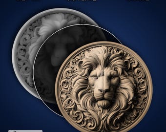 Lion Head Round - Laser Engrave 4K PNG Image, Depth Map, Exact-Outline Cut File, 3D Illusion -  Animal wildlife nature coin coaster 1416