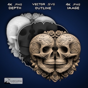 Skull Lovers - Laser Gravur 4K PNG Bild, Tiefen Karte, Exact-Outline Cut File, 3D Illusion - Halloween Skelett gothic Death 1558
