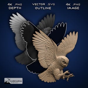 May include: A detailed 3D rendering of an owl in flight, with outstretched wings and detailed feather textures. The image includes text that reads "4K .PNG DEPTH", "VECTOR .SVG OUTLINE", and "4K .PNG IMAGE". The owl is a light brown color against a dark blue background.
