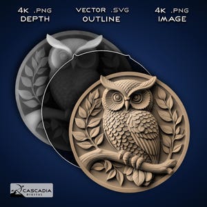Owl Round - Laser gravieren 4K PNG Bild, Tiefenkarte, Exact-Outline Cut File, 3D Illusion - Tier nächtliche Vogel Untersetzer Münze 1486
