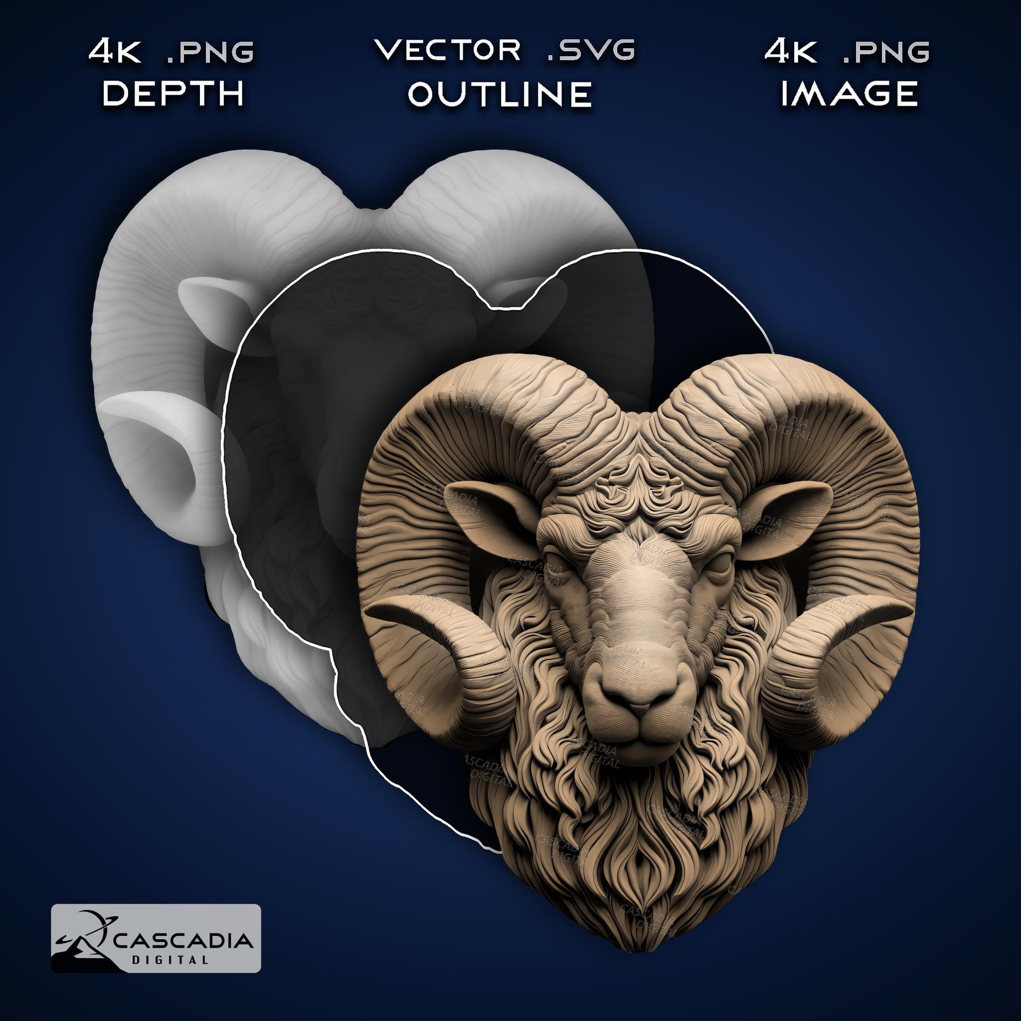 Ram Head - Laser PNG, Depth Map, and SVG for Glowforge and