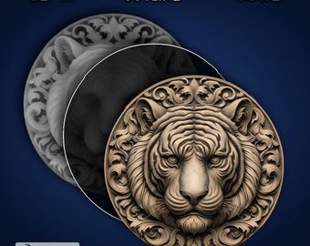 Tiger Head Round - Laser Engrave 4K PNG Image, Depth Map, Exact-Outline Cut File, 3D Illusion -  Animal wildlife nature coin coaster 1421