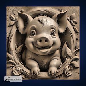 Lindo animal de granja de cerdos: imagen PNG 4K grabada con láser, mapa de profundidad, ilusión 3D de pizarra de madera: vida silvestre, naturaleza, niños, bebés, ganado 1513
