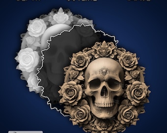 May include: A detailed 3D rendering of a human skull surrounded by a wreath of roses. The skull is intricately sculpted with fine details and a delicate floral pattern on the forehead. The roses are arranged in a circular pattern around the skull, creating a beautiful and symbolic image.