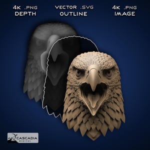 Cabeza de águila de frente: imagen PNG 4K grabada con láser, mapa de profundidad, archivo de corte de contorno exacto, ilusión 3D: halcón, pájaro, animal, patriótico, 1937