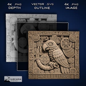 Guacamayo azteca: imagen PNG 4K grabada con láser, mapa de profundidad, archivo de corte de contorno exacto, ilusión 3D - ave maya de méxico y brasil antigua 1865