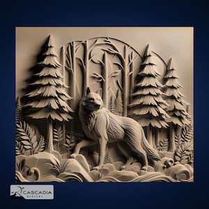 Wolf Winterszene - Lasergravur 4K PNG Bild, tiefen Karte, Holz Schiefer 3D Illusion - Tier Natur Hund Fuchs 1286